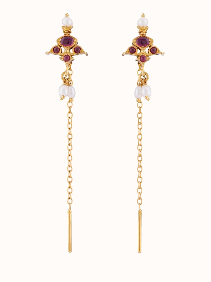 Front view of Guttapusalu Silver Drop Earrings showing the complete piece and design