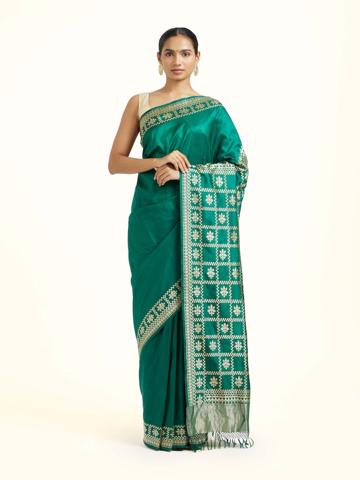 Front view of the Green Mulberry Katan Silk Banarasi Saree
