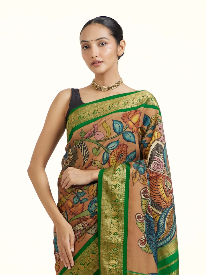 Angled view of the Silk Kalamkari Painted Kanchipuram Saree