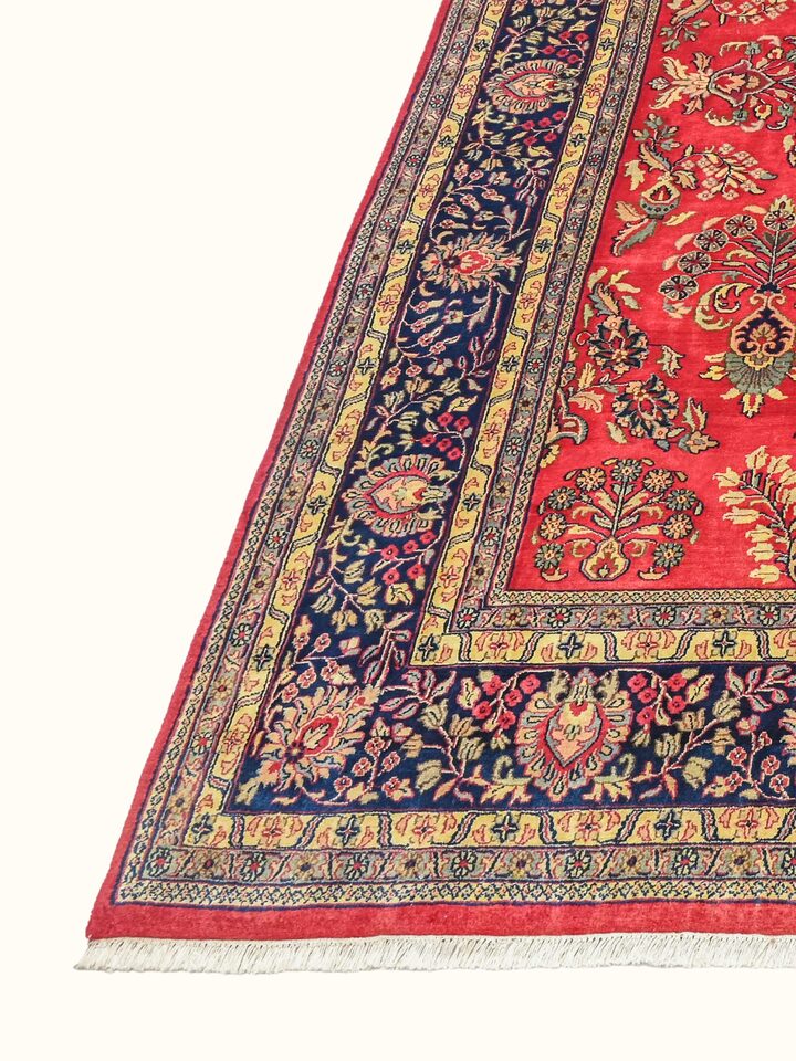 Traditional Sarouk Red Navy Bhadohi Wool Hand Knotted Rug