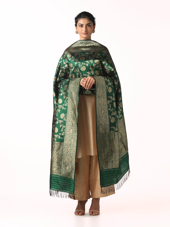 Front view of dark green silk Banarasi dupatta with rich woven motifs
