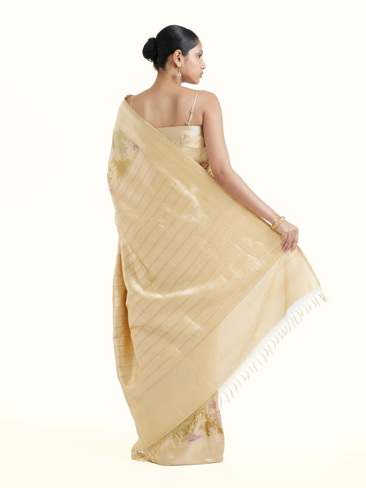 Back view of silk rangkat banarasi saree displaying the grand pallu design
