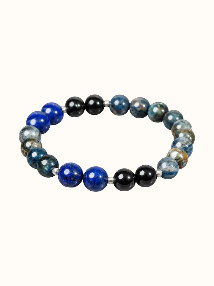 Close-up view of Gemstone Lapis Lazuli, Kyanite & Black Onyx Silver Bracelet highlighting the stone setting and metalwork detail