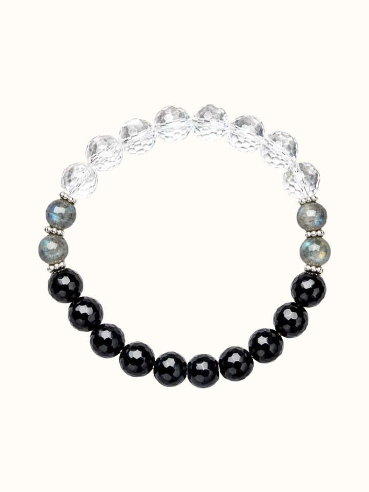 Front view of Gemstone Black Onyx, Labradorite & Crystal Bead Silver Bracelet showing the complete piece and design