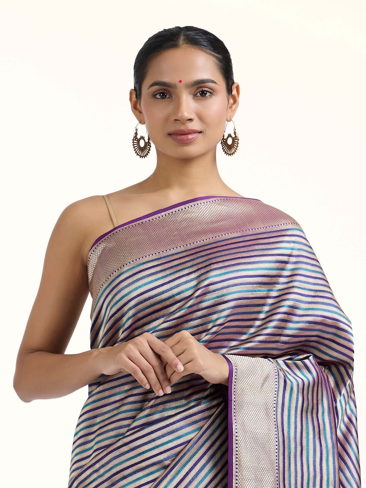 Angled view of Banarasi Kadhwa Silk Saree revealing the depth of its color and intricate pattern