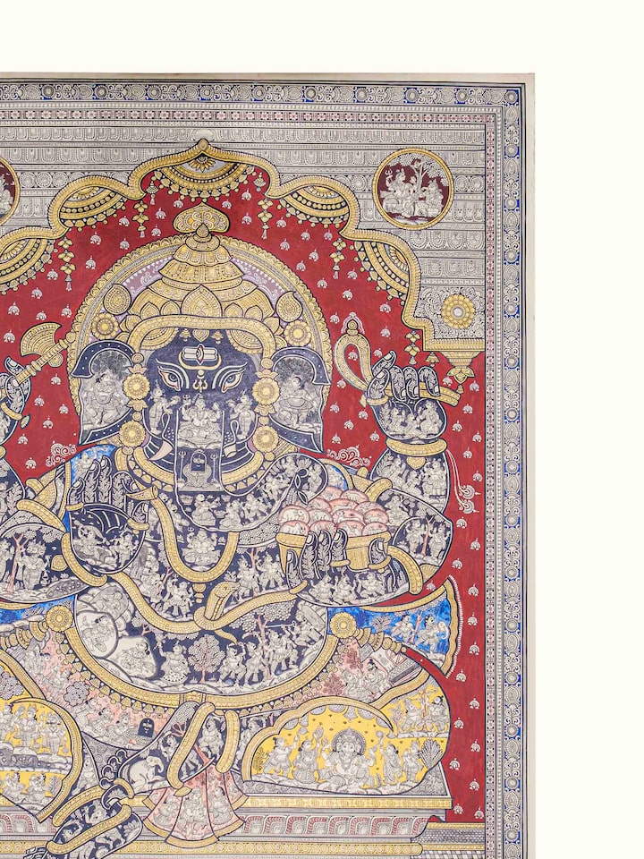 Detail view of Ganesha Pattachitra Painting highlighting the intricate linework and detail, from a different angle
