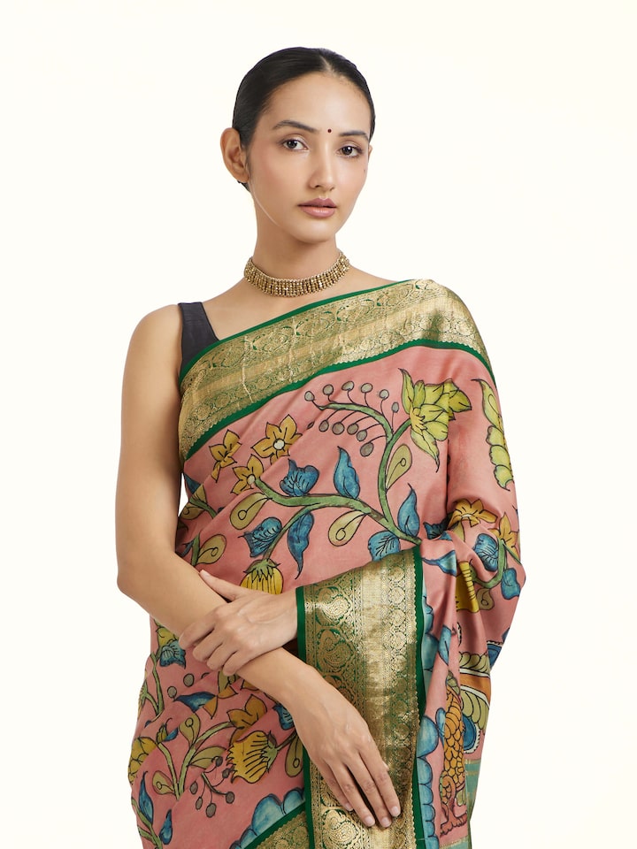 Angled view of the Silk Kalamkari Painted Kanchipuram Saree