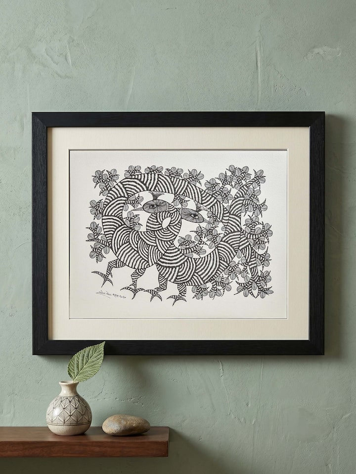 Styled view of Silent Conversation Gond Art displayed against a styled backdrop