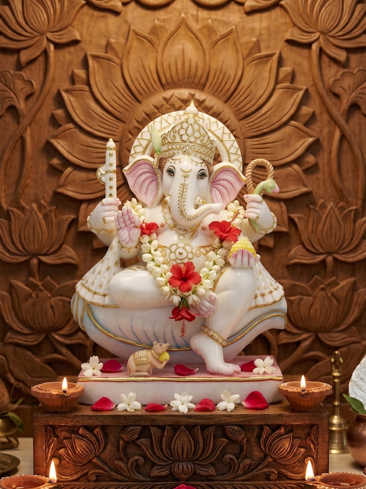 Front view of the Carved Marble Ganesha Idol