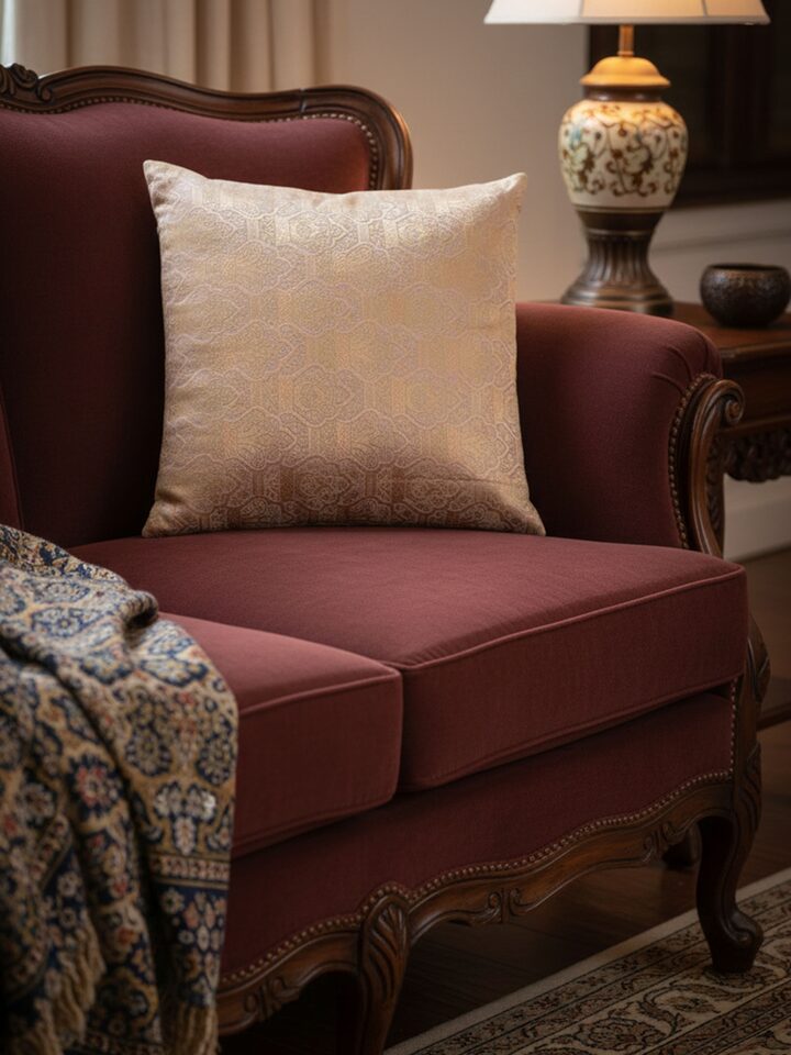 Awadh jharokha lavender Banarasi handloom silk cushion cover with intricate design, lifestyle view