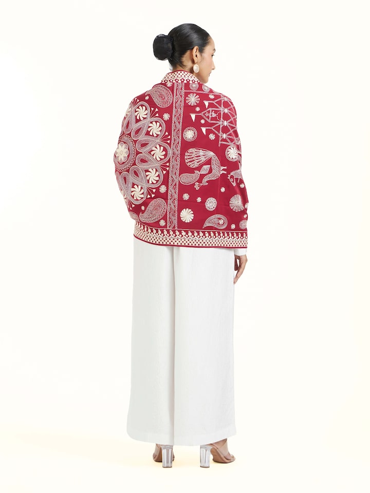 Back view of Crimson Aari Hand Embroidered Stole emphasizing the overall design and fine details