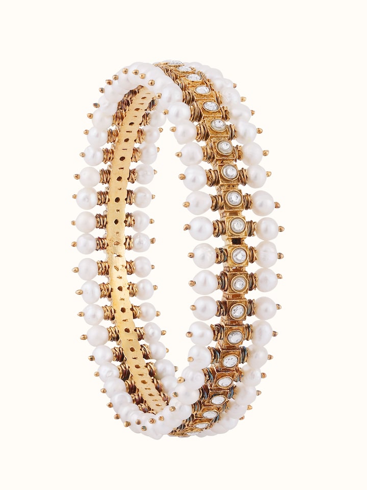 Front view of Guttapusalu silver bangle with pearl accents and oxidized antique texture.