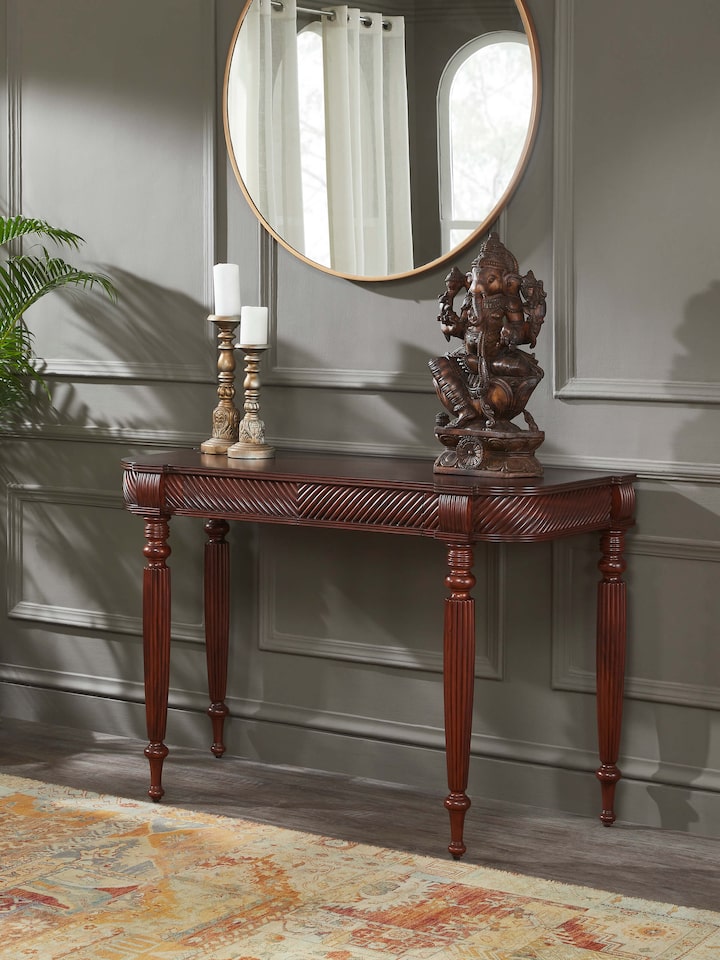 Side view of Mahogany Wood Console Table from Swadesh, highlighting its sleek lines and sturdy construction for a timeless look.