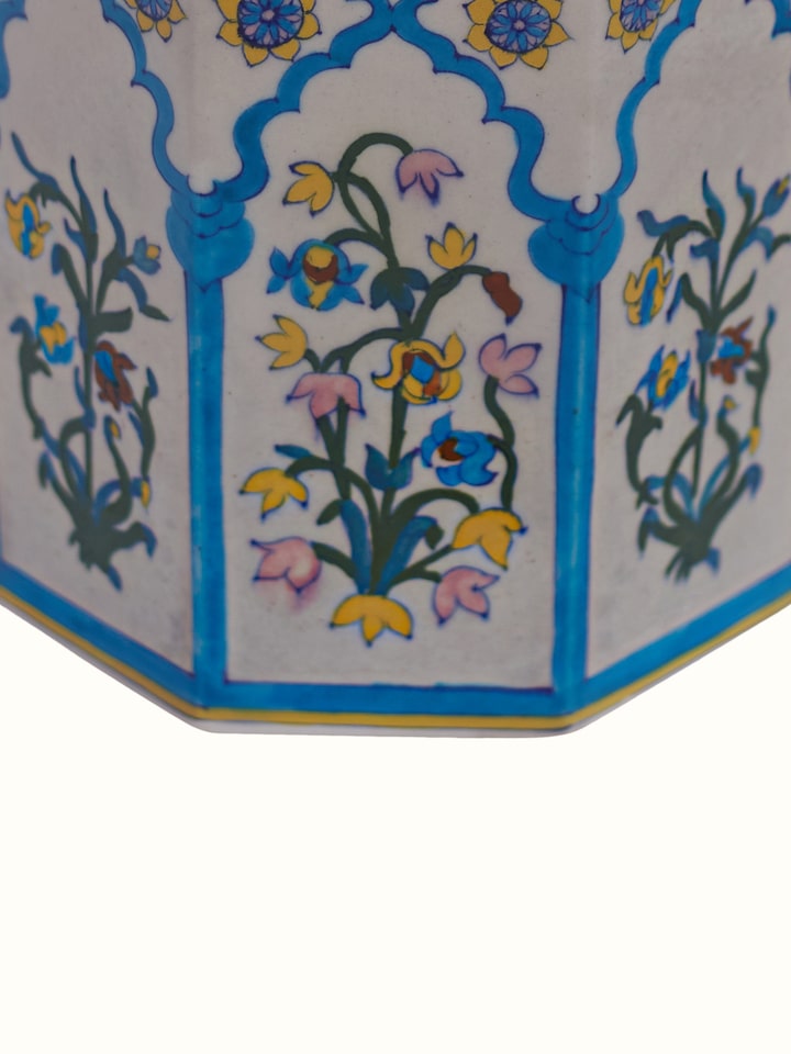 Side detail view of blue pottery Jharokha ceramic planter craftsmanship