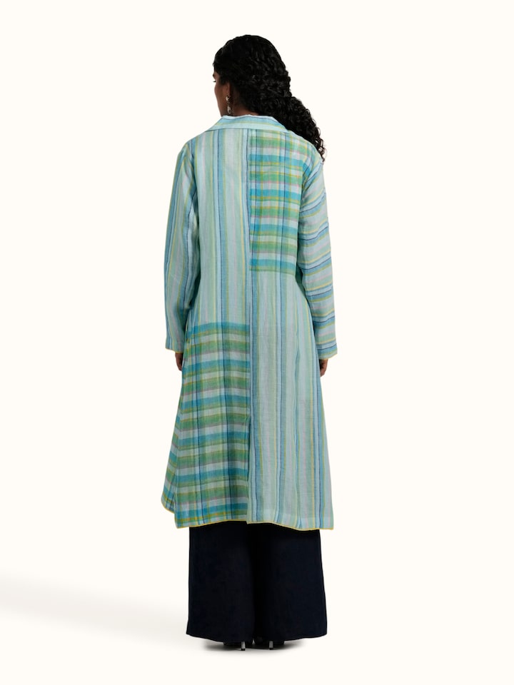 Draped detail view of the Blue Linen Handloom Ethnic Jacket