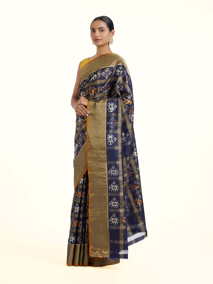 side view of blue pochampally ikat silk saree drape