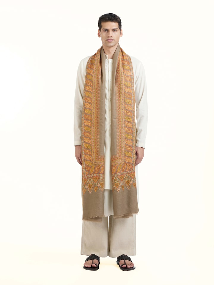 Front view of Charcoal Sozni Hand Embroidered Shawl showcasing its traditional craftsmanship and design
