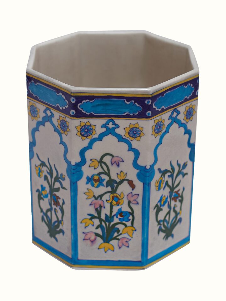 Blue pottery Jharokha ceramic planter with hand-painted floral design – front view