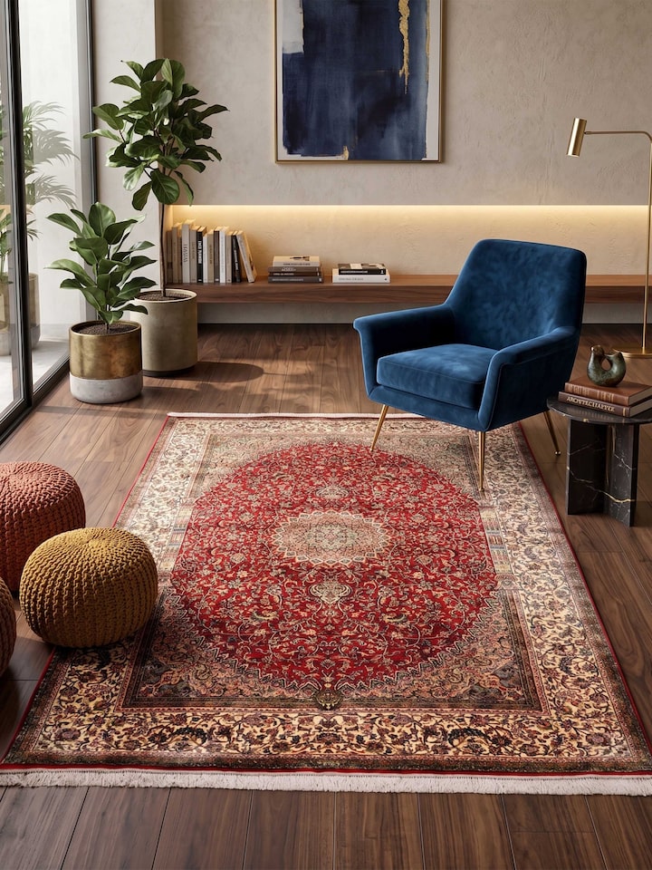 Styled view of Traditional Persian Red Ivory Kashan Kashmir Silk Hand-Knotted Carpet styled in a room setting