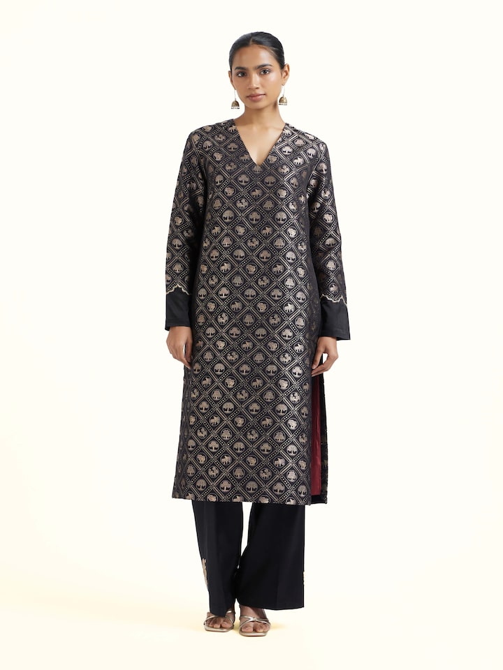 Front view of black silk Banarasi kurta set showcasing rich silk texture