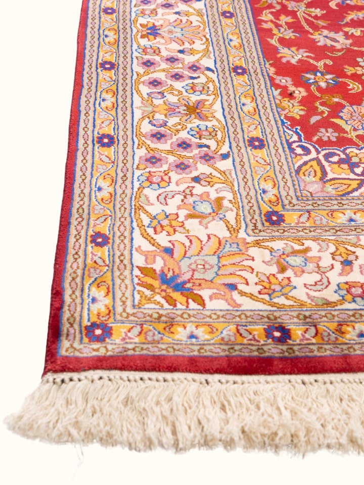 Traditional Persian Red Kashan Kashmir Silk Hand-Knotted Carpet