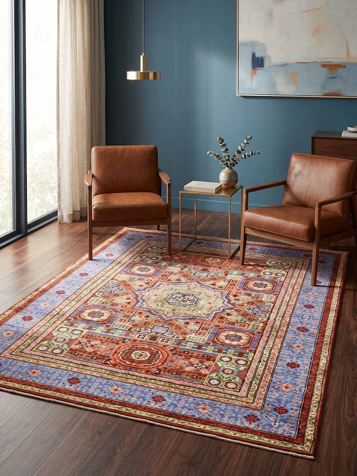 Styled view of Traditional Persian Mamluk Rust Bhadohi Wool & Bamboo Silk Hand Knotted Rug styled in a room setting, from a different angle