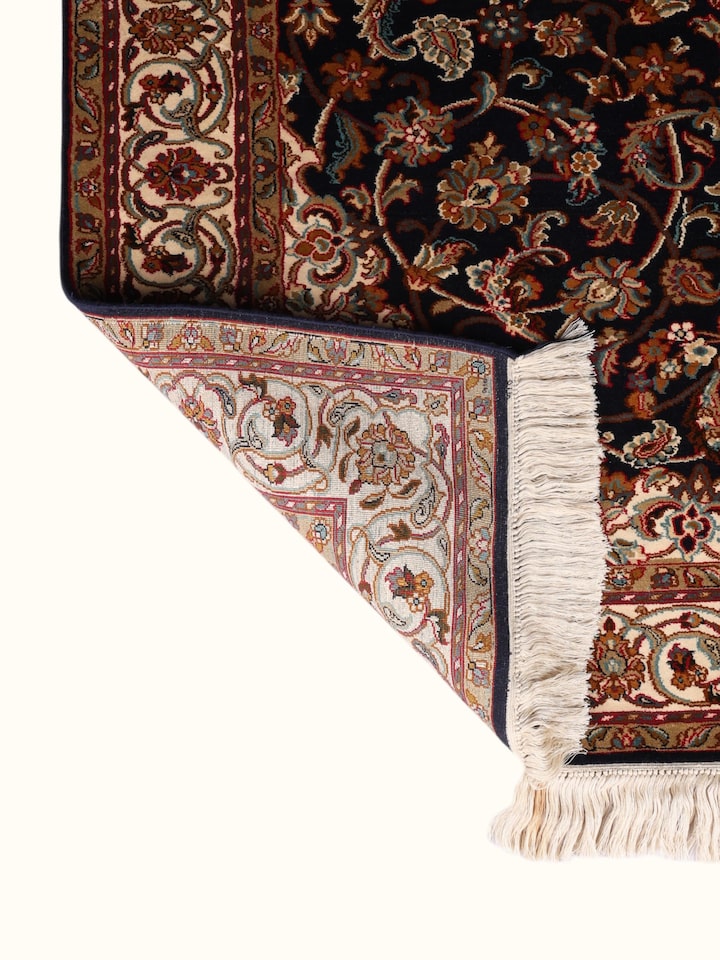 Side-angle view of the Traditional Persian Navy Kashan Kashmir Silk Hand-Knotted Carpet