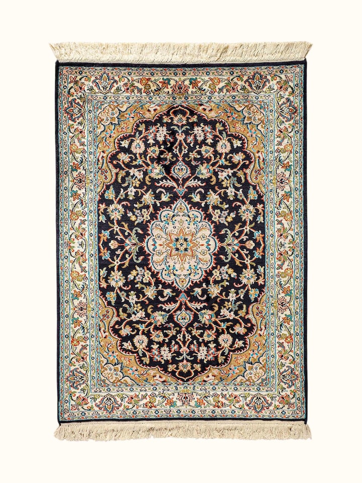 Front view of the Swadesh Traditional Persian Navy Rust Kashan Kashmir Silk Hand-Knotted Carpet