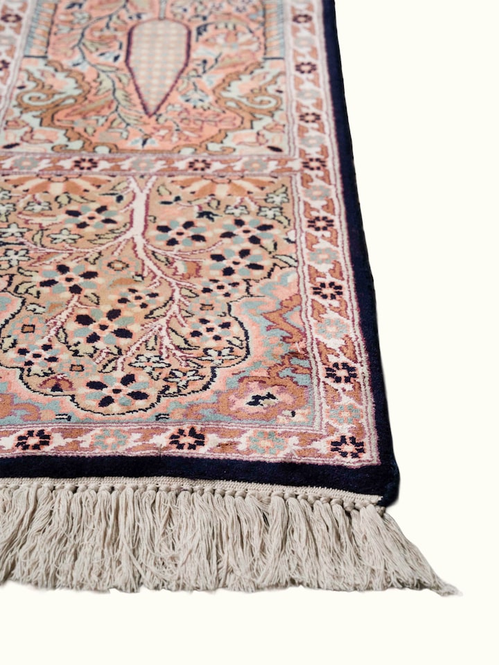 Close-up view of Traditional Persian Grey Hamadan Kashmir Silk Hand-Knotted Carpet highlighting the hand-knotted weave and motif detail