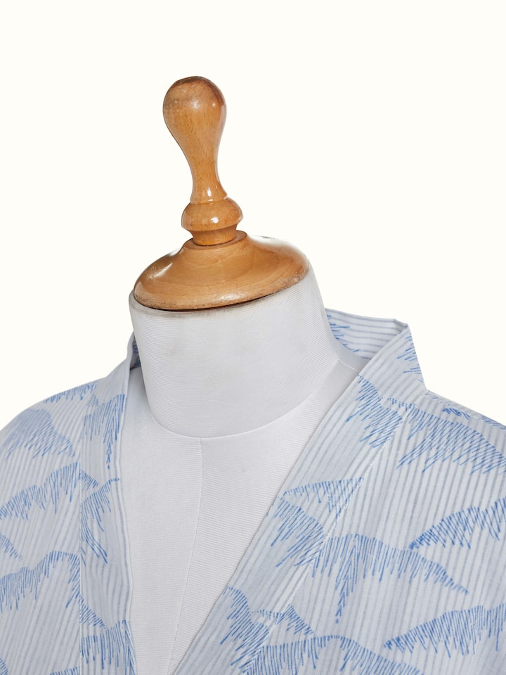 Parvat indigo ombre cotton Sanganeri block printed bathrobe, detail shot of pattern