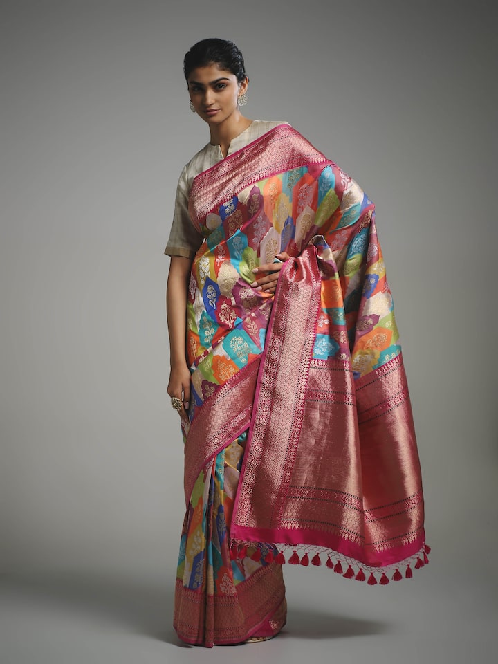 Side view of silk Banarasi saree with elegant drape and border