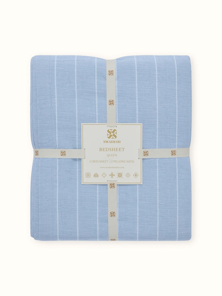 Keshod Handloom Cotton Sage Chambray Stripe Queen-size Bedsheet Set