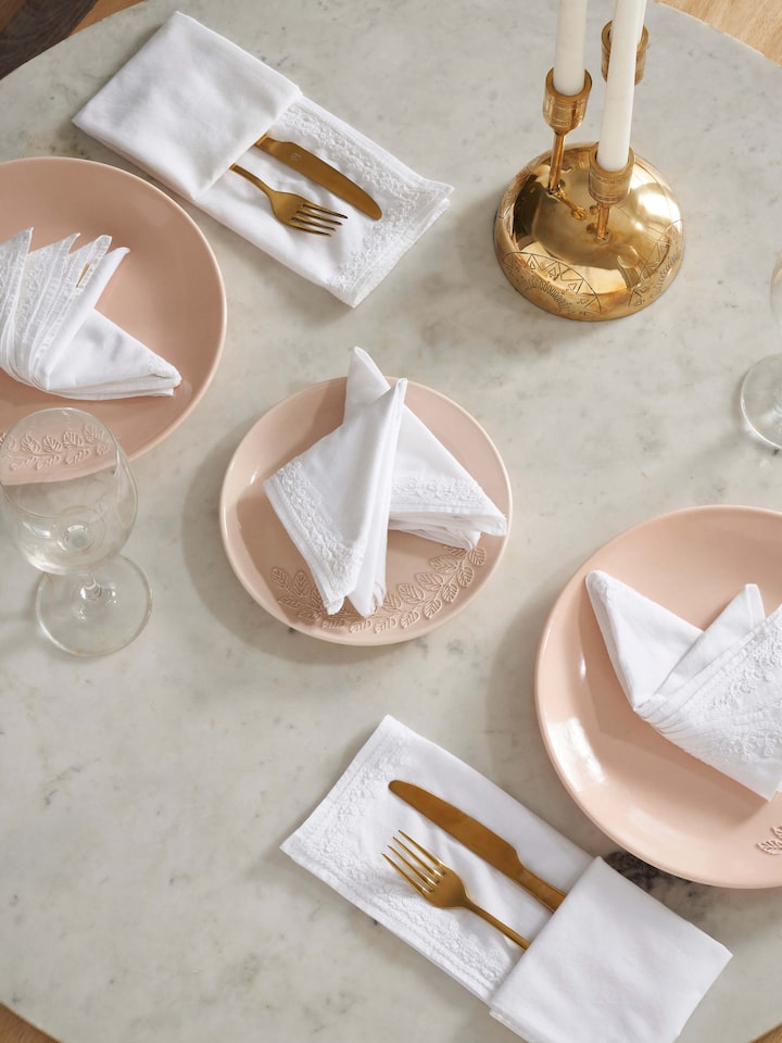 Shubra White Solid Cotton Chikankari Hand Embroidery Dinner Napkins (6 Pcs)