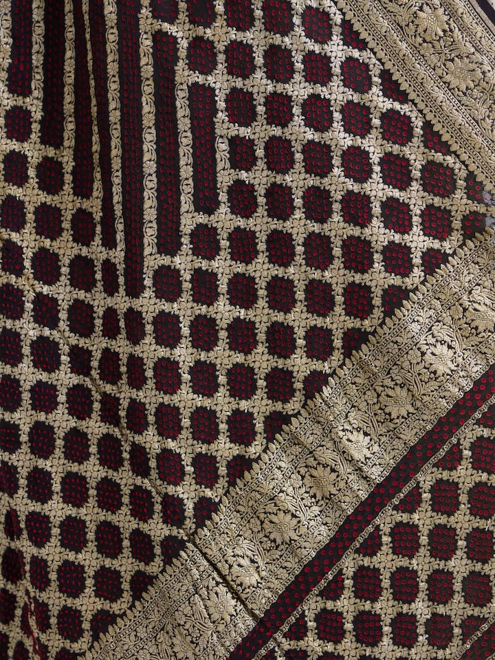 Detailed view of Black Bandhani Tie & Dye Silk Dupatta focusing on the fine craftsmanship and texture