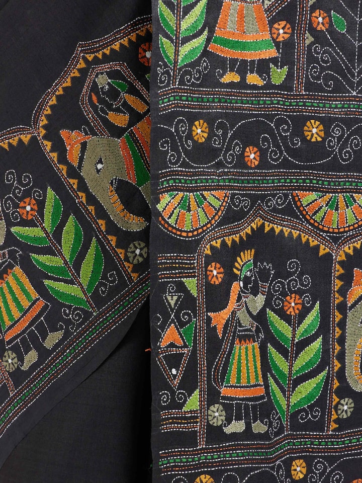 Detail view of Black Tussar Silk Kantha Embroidered Saree highlighting the intricate weave pattern