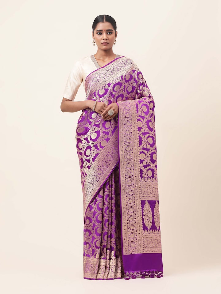 Purple Mulberry Satin Silk Banarasi Saree
