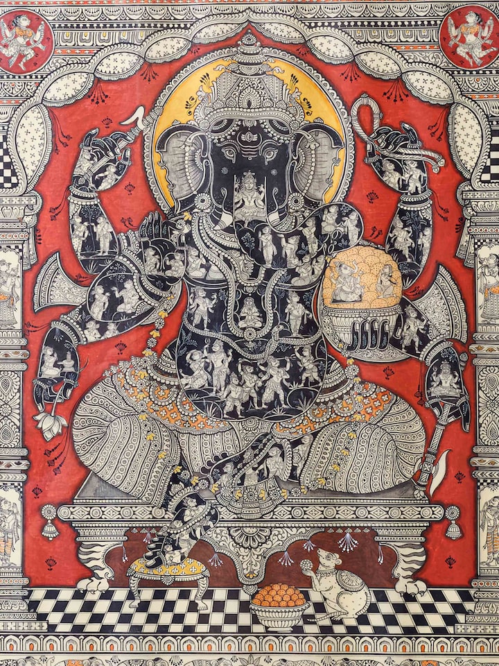 Detail view of Ganesha Pattachitra Silk Painting highlighting the intricate linework and detail, from a different angle