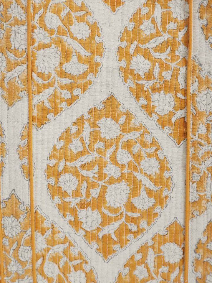 Close-up of Yellow Handblock Printed Quilted Tote Bag emphasizing the intricate detailing and quality