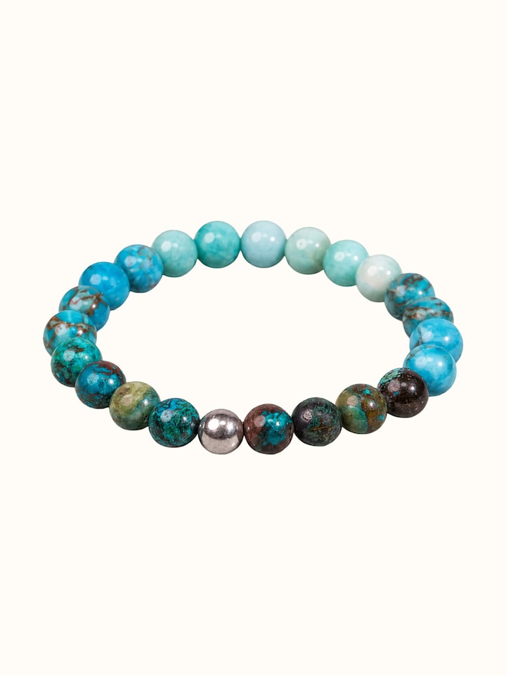 Detail view of Gemstone Silver Turquoise, Amazonite and Chrysocolla Bead Silver Bracelet highlighting the stone setting and metalwork detail, from...
