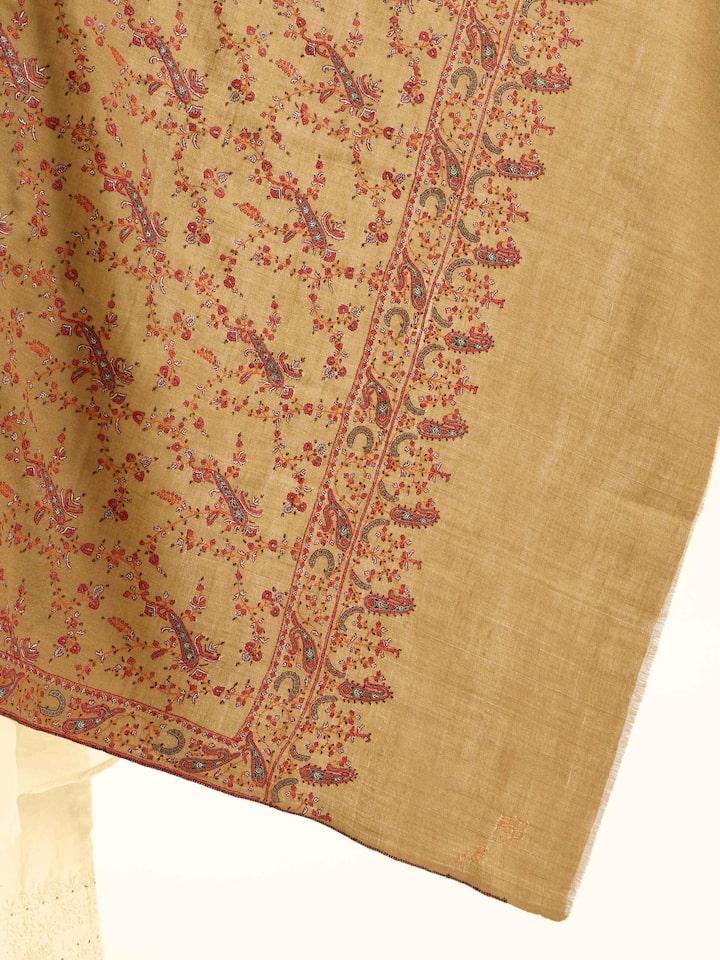 Detail view of green jalidar sozni embroidered shawl showing intricate craftsmanship