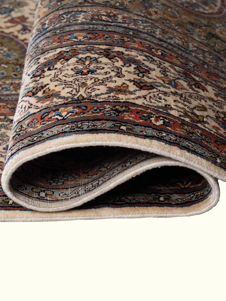 Detail view of Traditional Persian Ivory Green Kerman Kashmir Silk Hand-Knotted Carpet highlighting the intricate pattern and pile texture