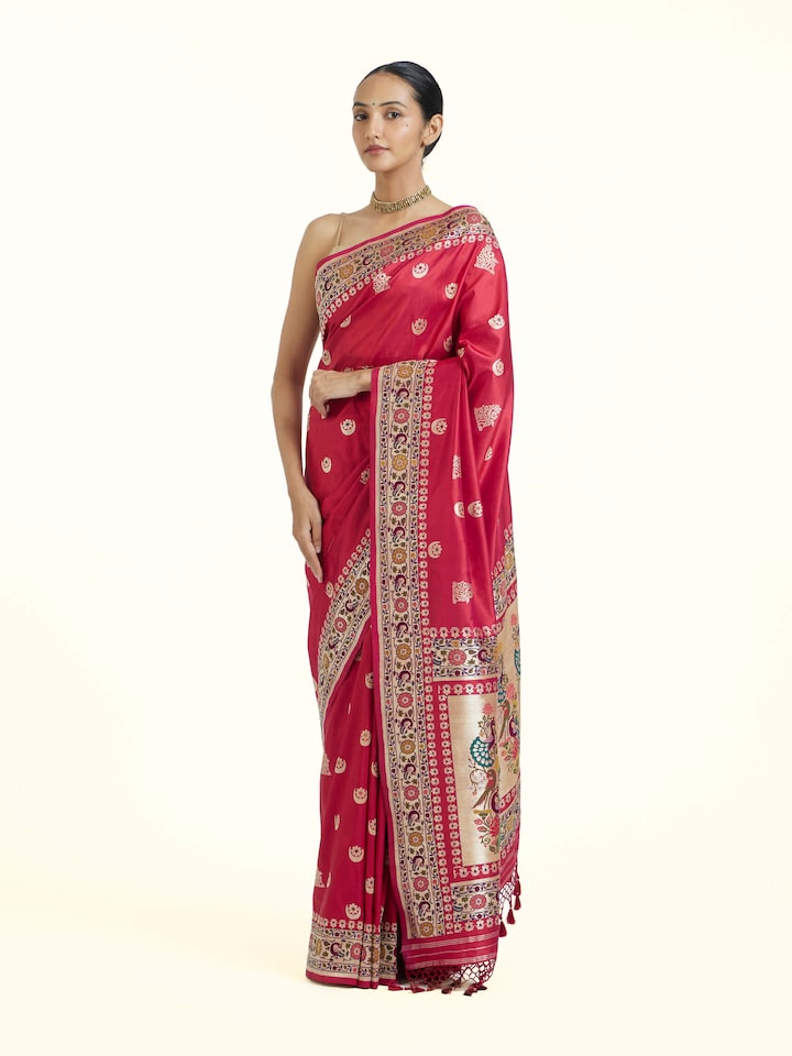 Side view of Red Ashavali Brocade Silk Saree highlighting the detailed craftsmanship and elegant silhouette