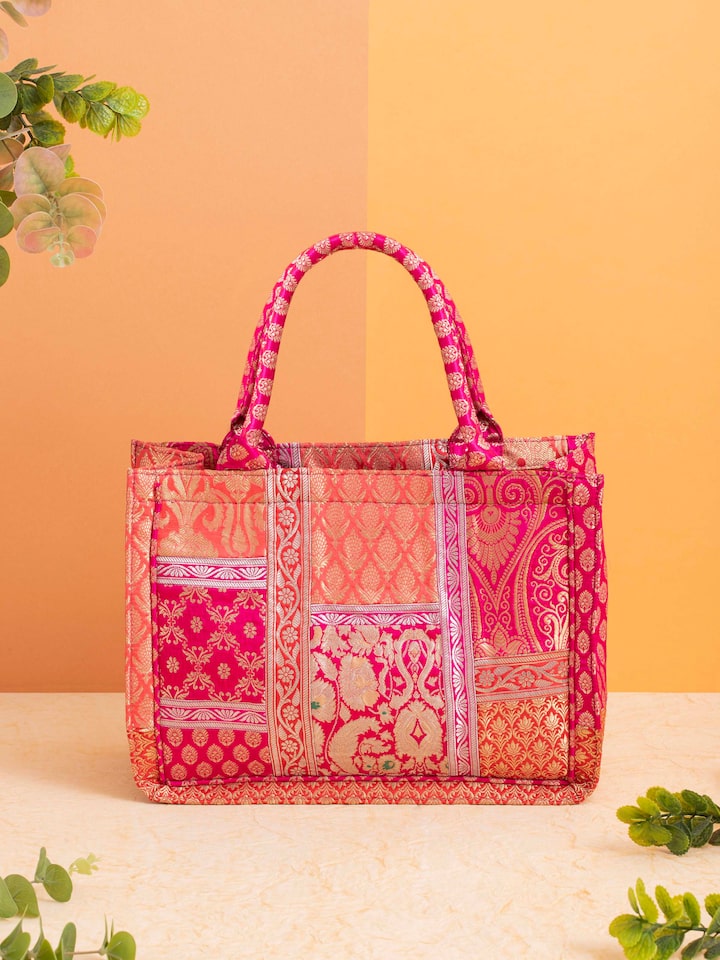 Side view of Brocade Patchwork Tote Bag highlighting the detailed design and fabric quality