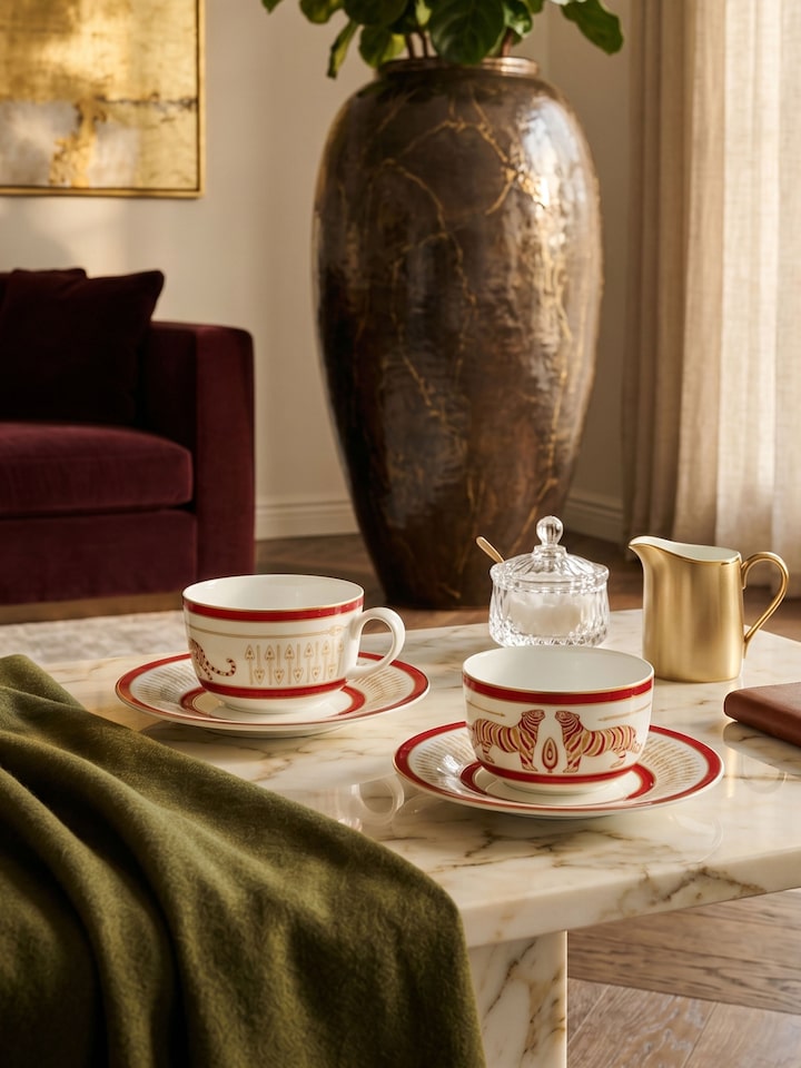 Styled view of Ceramic Tea Cups And Saucers With Gold Motifs (2 Pcs) styled in a home setting, from a different angle
