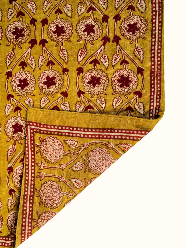 Back view of the Marigold Hand Block Dabu With Embroidery Floral Bed Runner