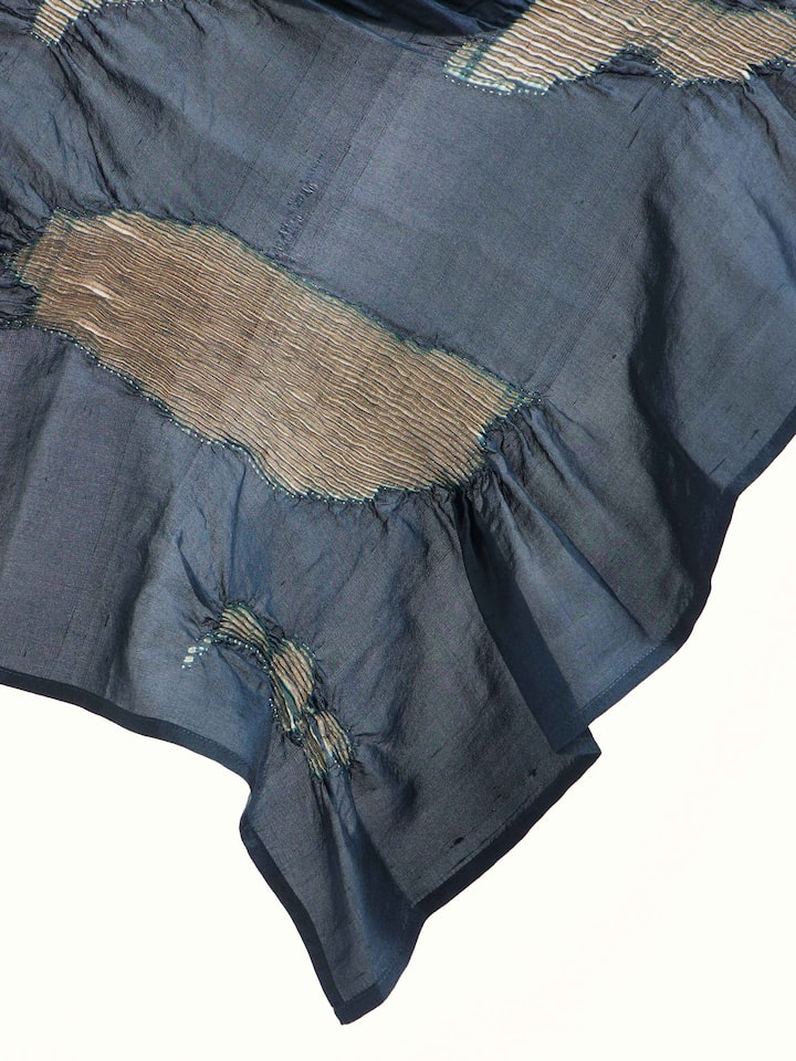 Detailed view of Whiskey Blue Tie & Dye Shibori Stole focusing on the fine craftsmanship and texture