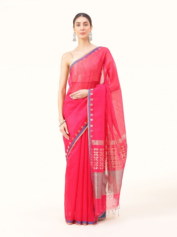 Front view of diti cotton silk Chanderi saree showcasing soft sheen and delicate texture