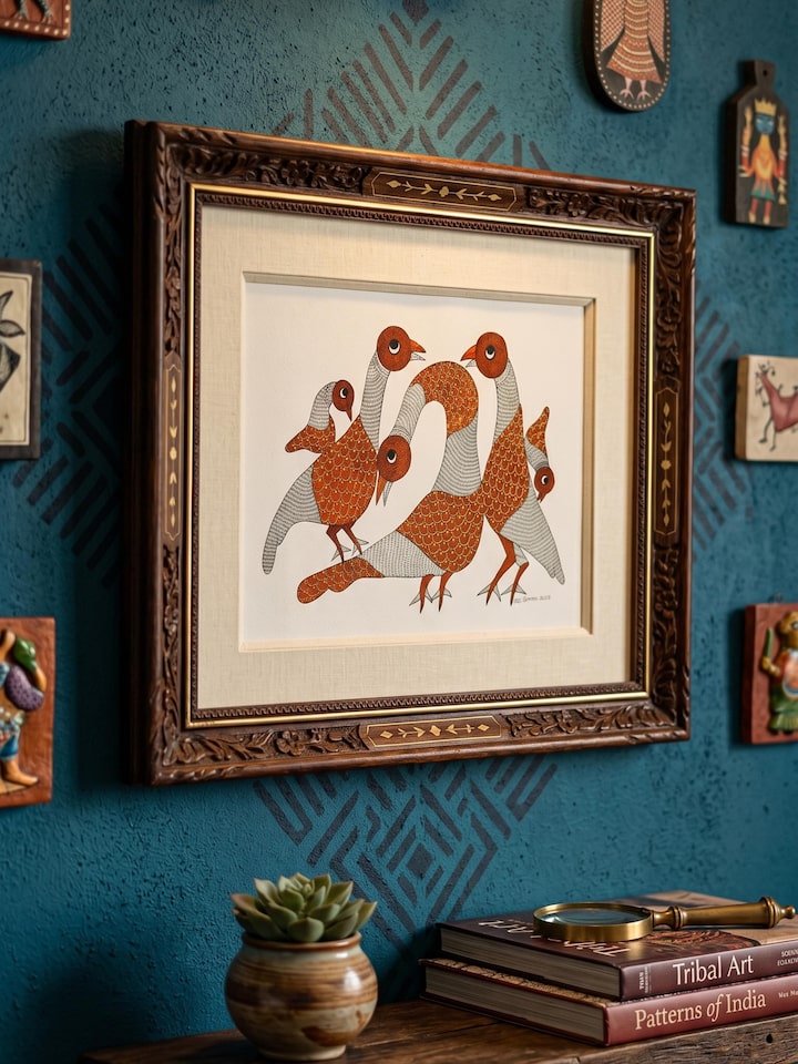 Styled view of Resting Feathers Gond Art displayed against a styled backdrop