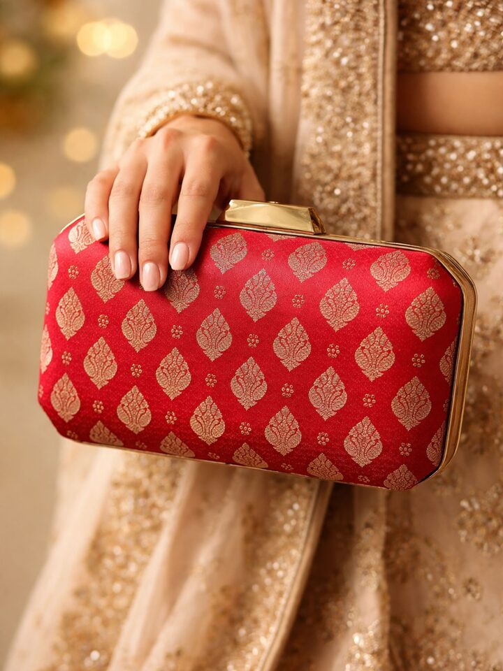 Styled view of Maroon Banarasi Silk Box Clutch showing the bag styled with an outfit