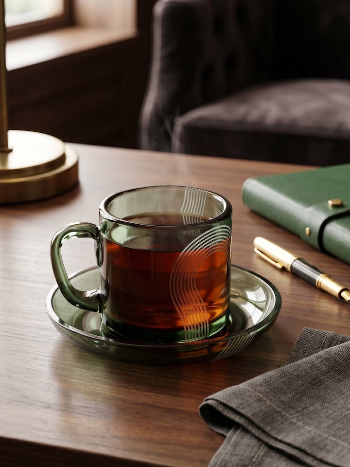 Left-side view of the Firozabadi Coloured Glass Teacup with Saucer